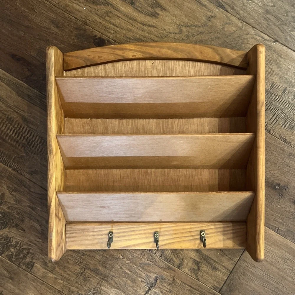 Wall Mount Letter Holder & Key Rack Hooks Wood Farmhouse Decor Cottagecore